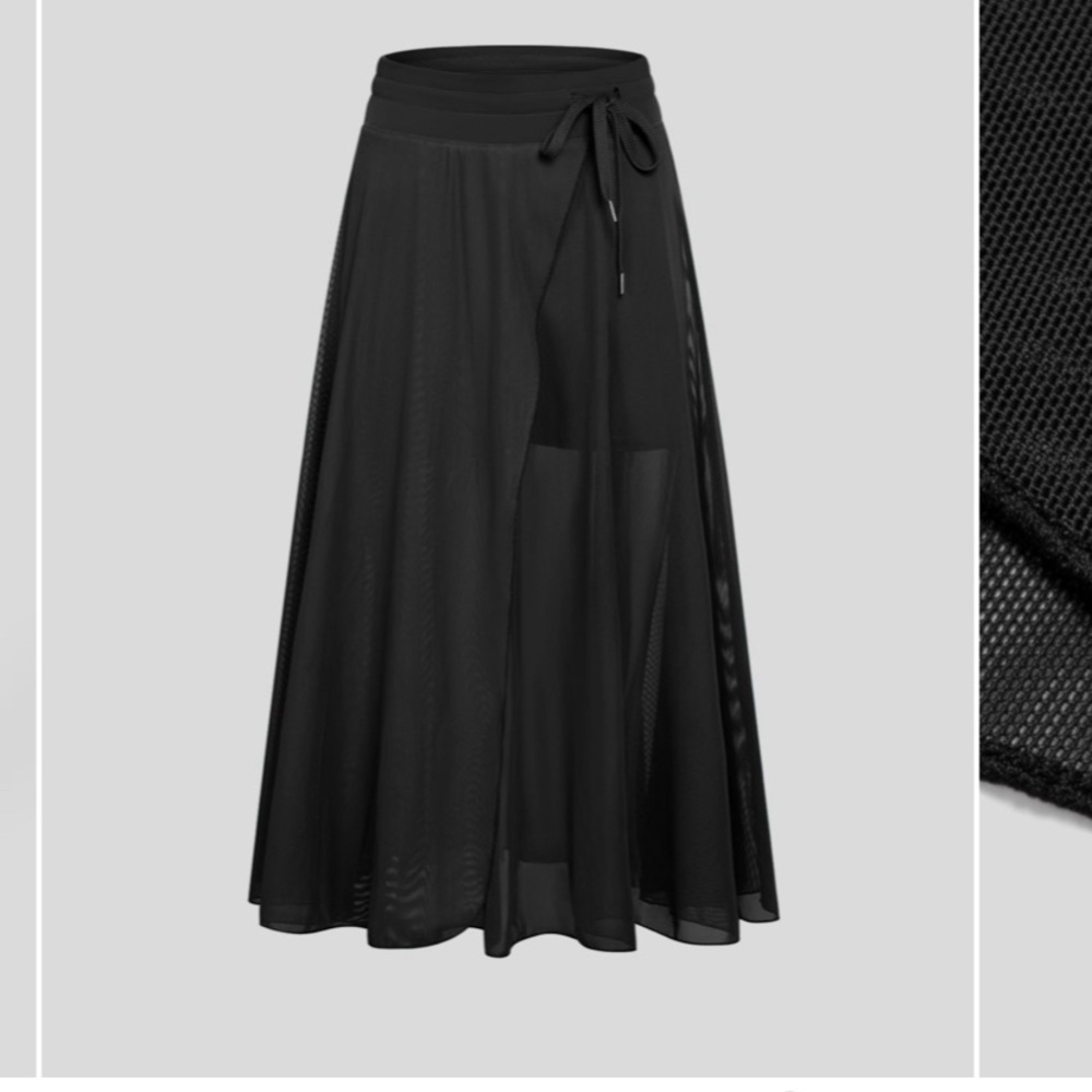 High Waisted Drawstring Mesh 2-in-1 Side Pocket Flowy Midi Flare Skirt size L